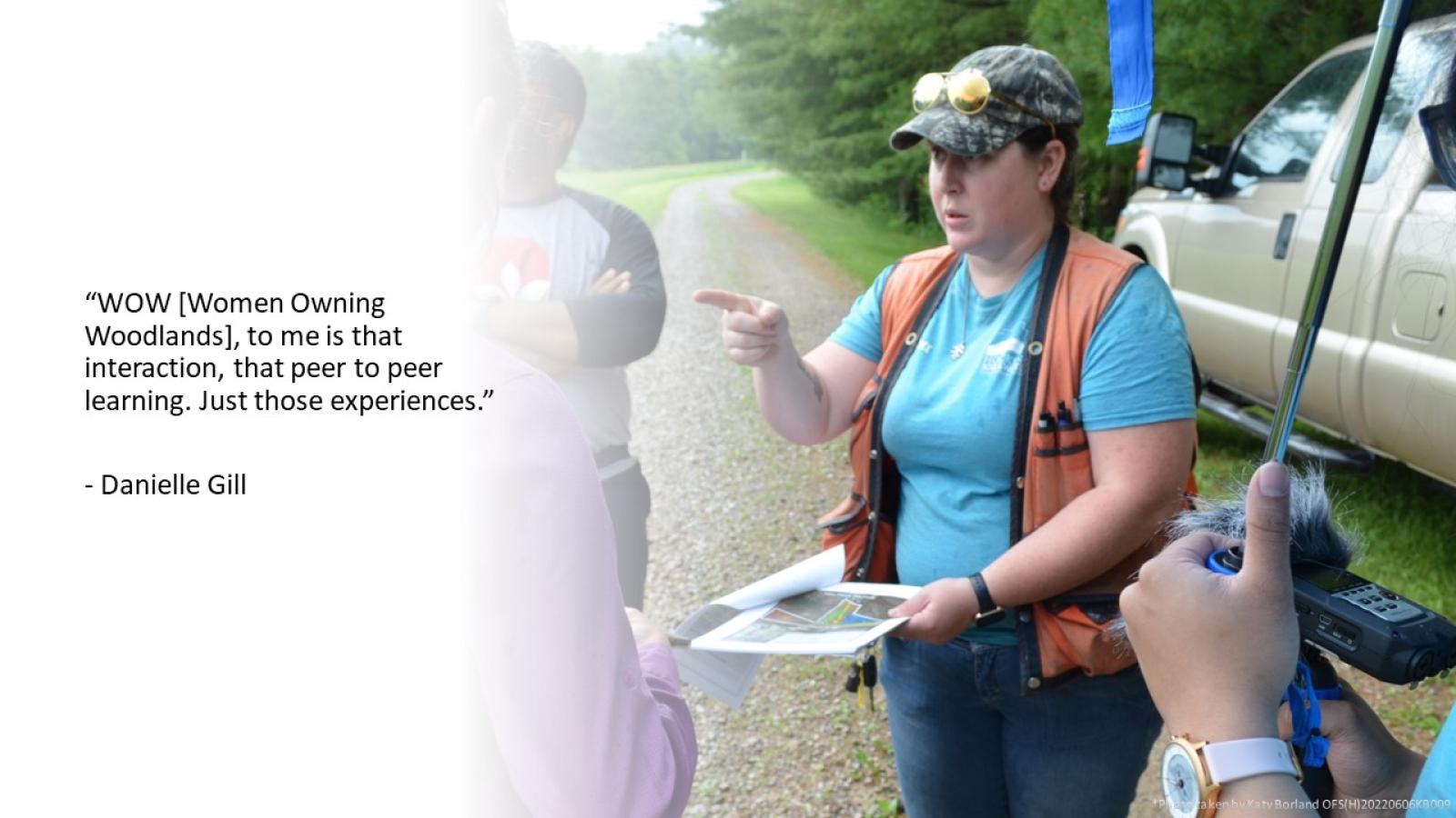 Dani Gill (one of the current leaders of Southeast Ohio Women Owning Woodlands) explaining EQIP plans during a site visit to the landowners and visitors. Quote taken from an interview with Dani on 6/7/22.
