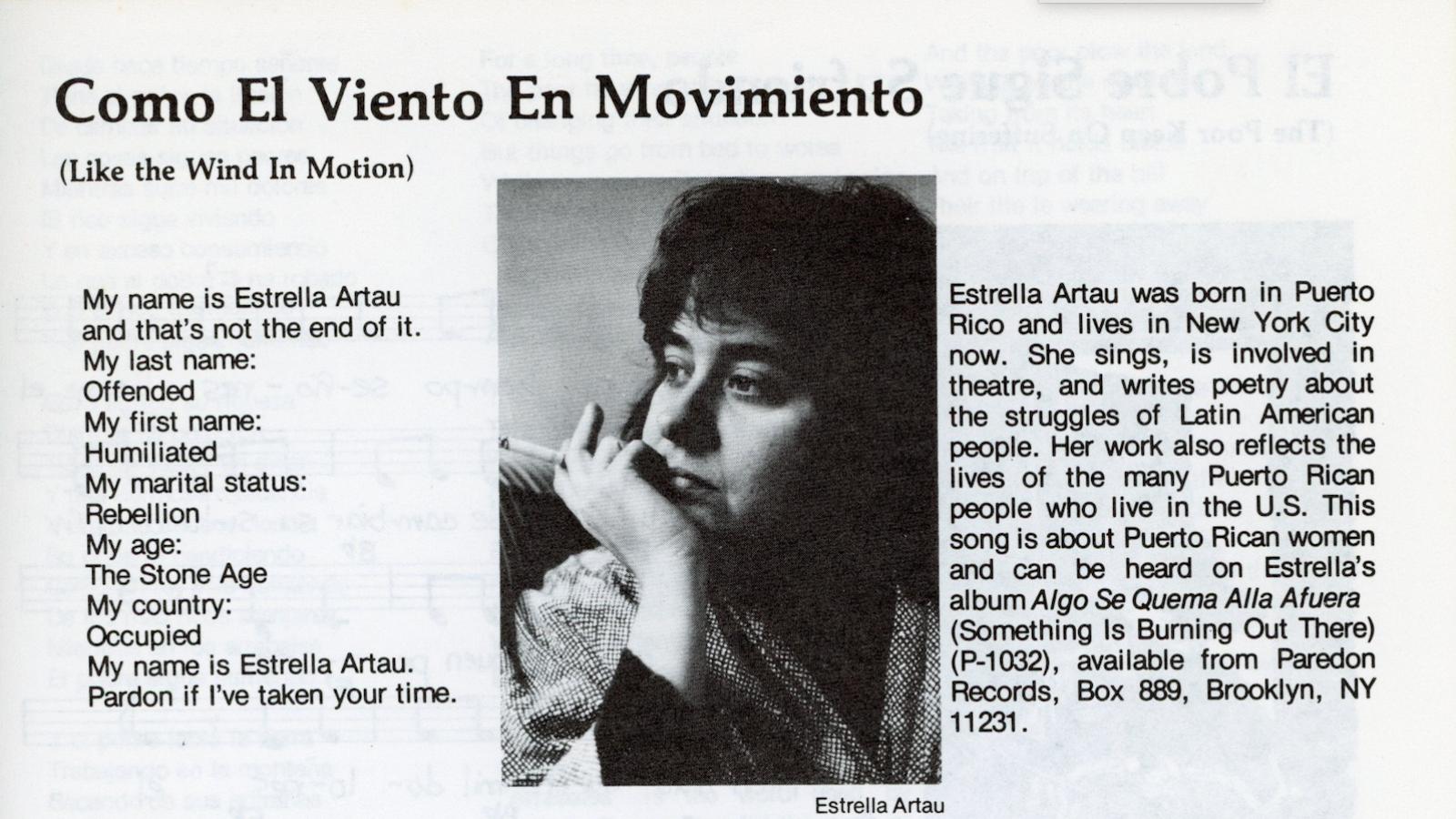 Photo and biography of Estrella Artau, a Puerto Rican folk singer next to an autobiographical poem. She is featured for her song Como El Vent En Movimiento (Like the Wind in Motion)