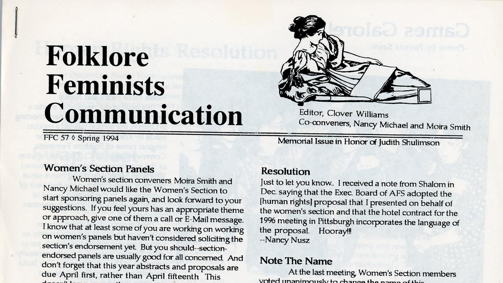 heading of the Folklore Feminists Communication newsletter from Spring 1994 with a line drawing of a reclining Victorian Woman