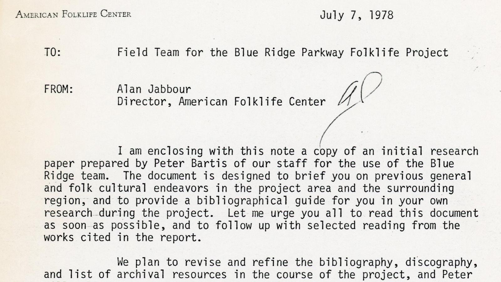 Letter from Alan Jabbour, Director of the American Folklife Center to the Field Team for the Blue Ridge Parkway Folklife Project from July 7, 1978 regarding initial research prepared by Peter Bartis.