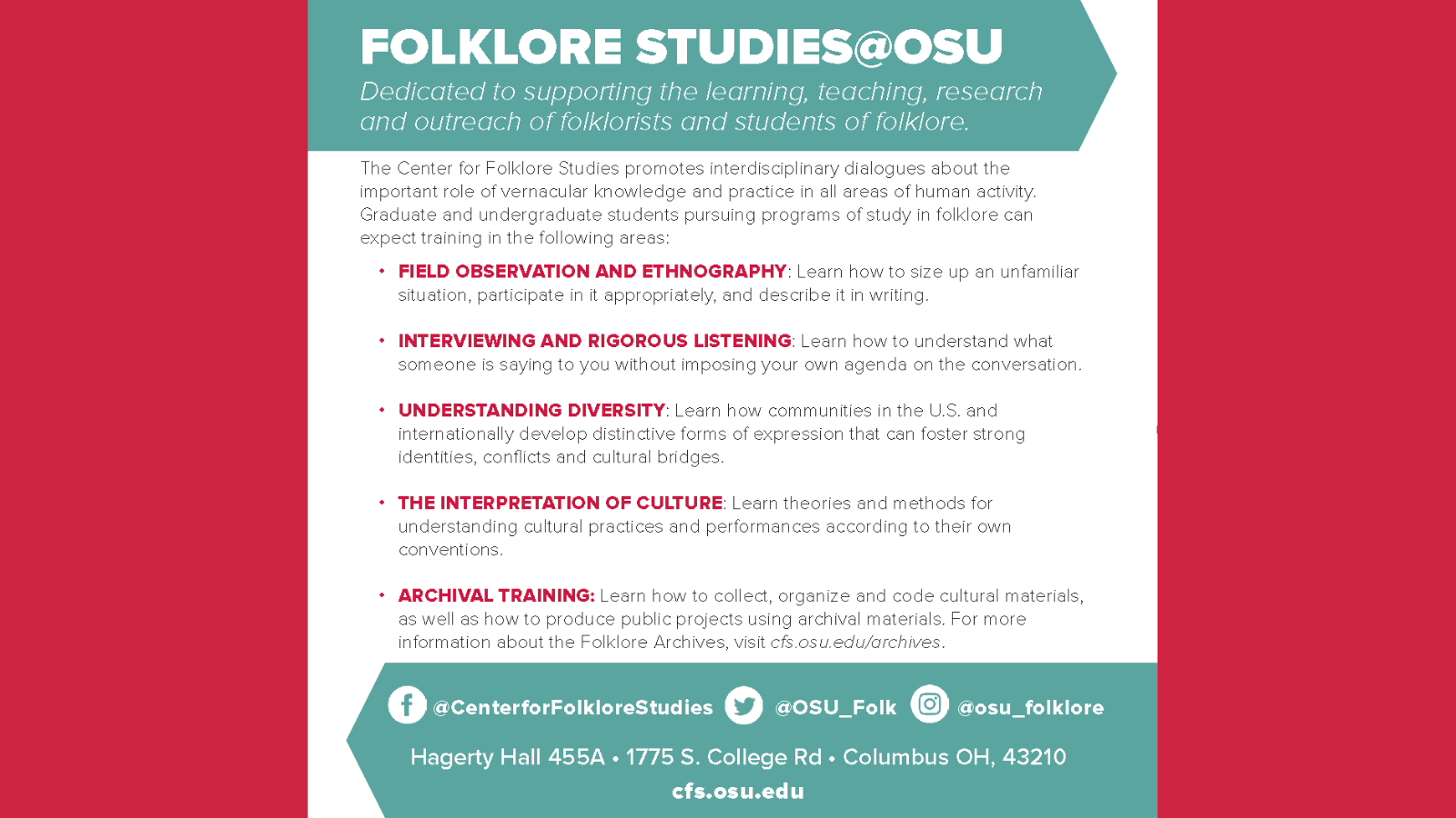 Folklore Studies @ OSU / The image includes a description of what Folklore Studies achieves at OSU. A full text description is provided in the caption.