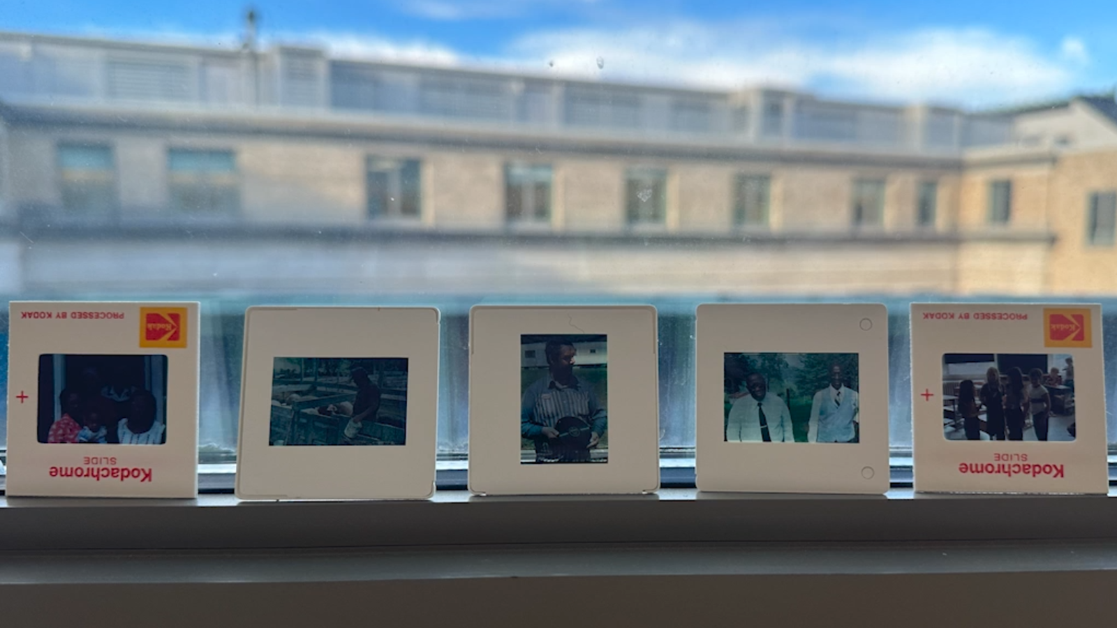 Wide shot of slides on window sill