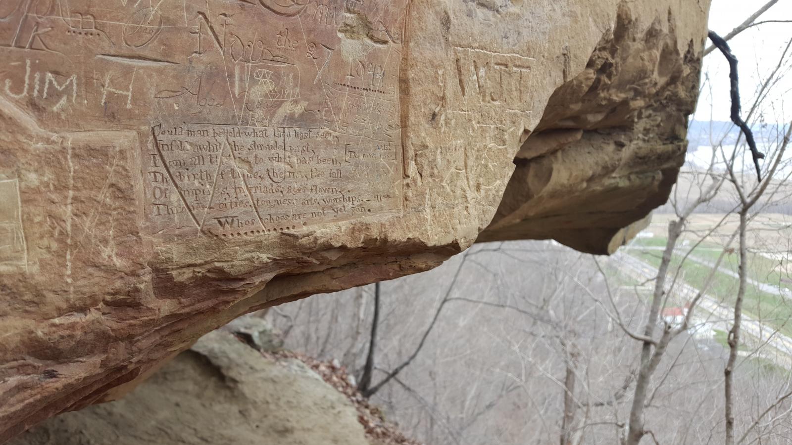 A verse of poetry dating to 1844 carved into a cliff at Raven Rock State Nature Preserve.