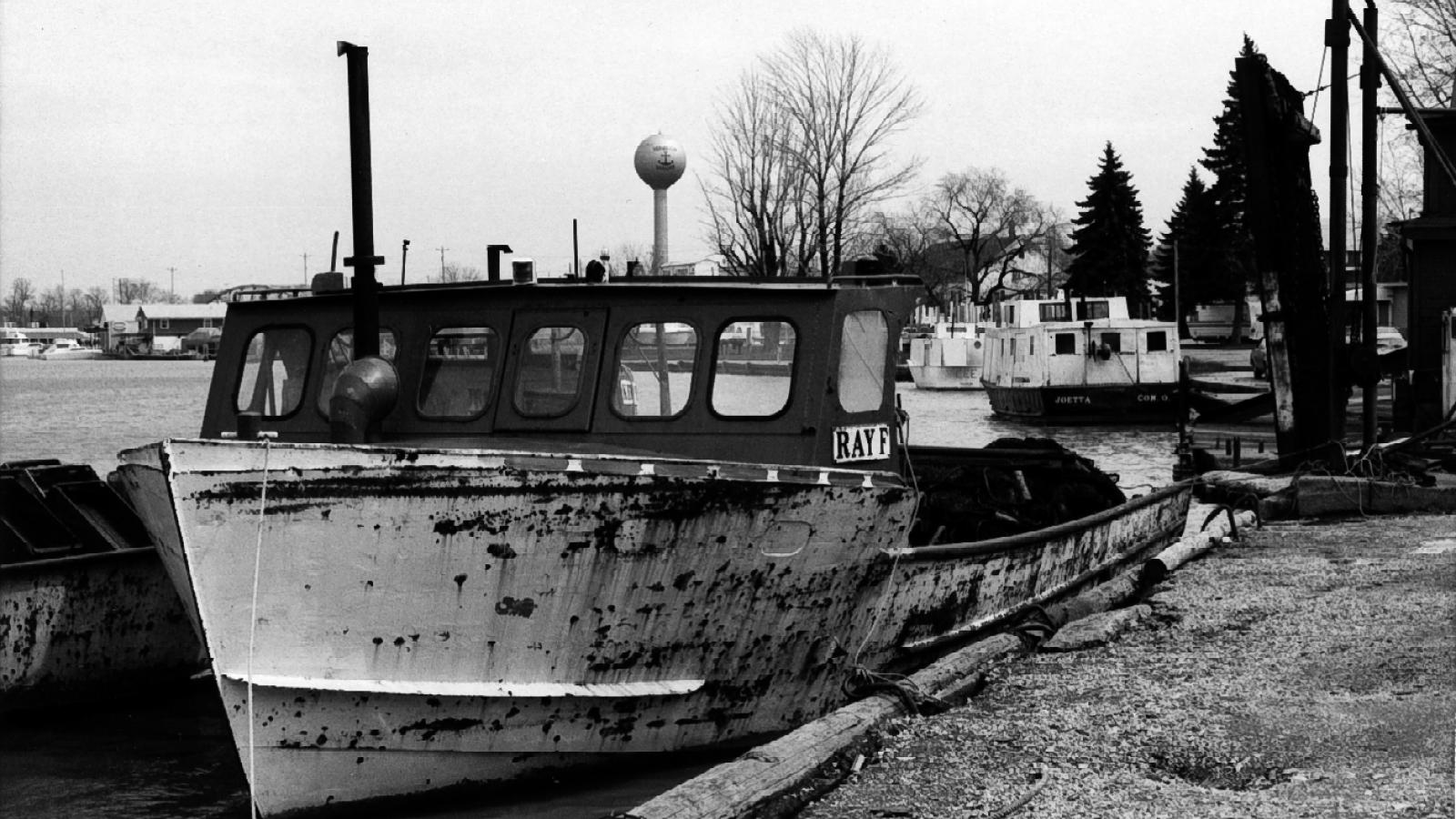 The Ray F. at the Kishman Fish docks, Vermilion--a trap net boat. Shot at the Kishman Fish operation, Vermilion, March 1983
