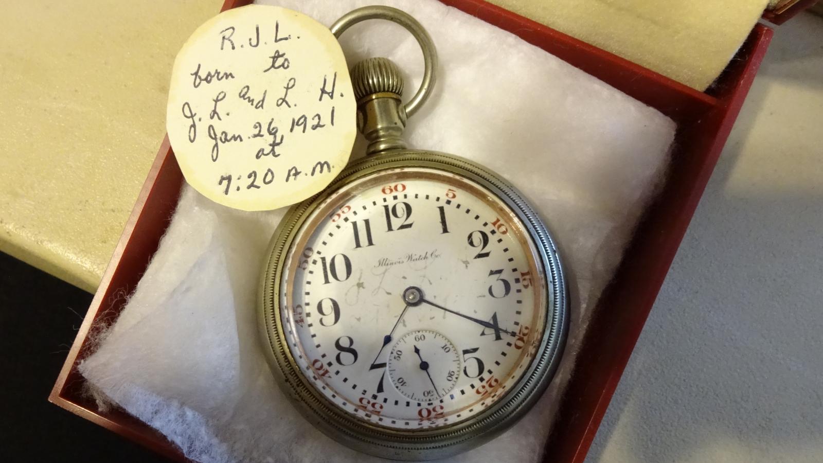 Photo of commemorative watch, stopped at the time of the birth of Jacob and Lenora’s son, Robert. 