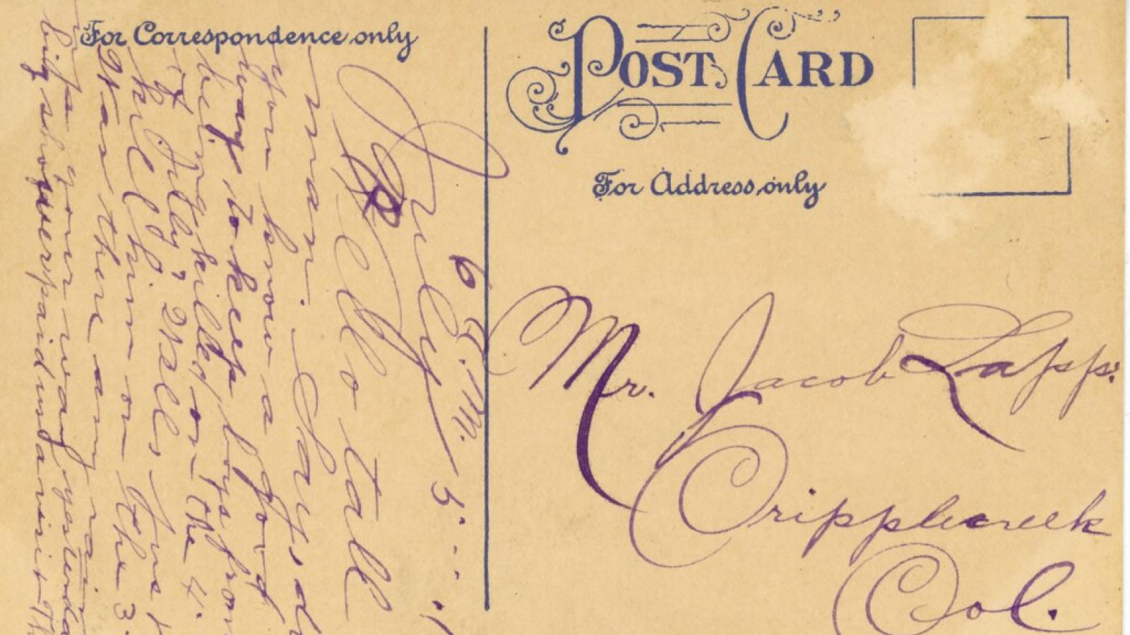 Postcard from Lenora Hammond to Jacob Lapp, 1912.  