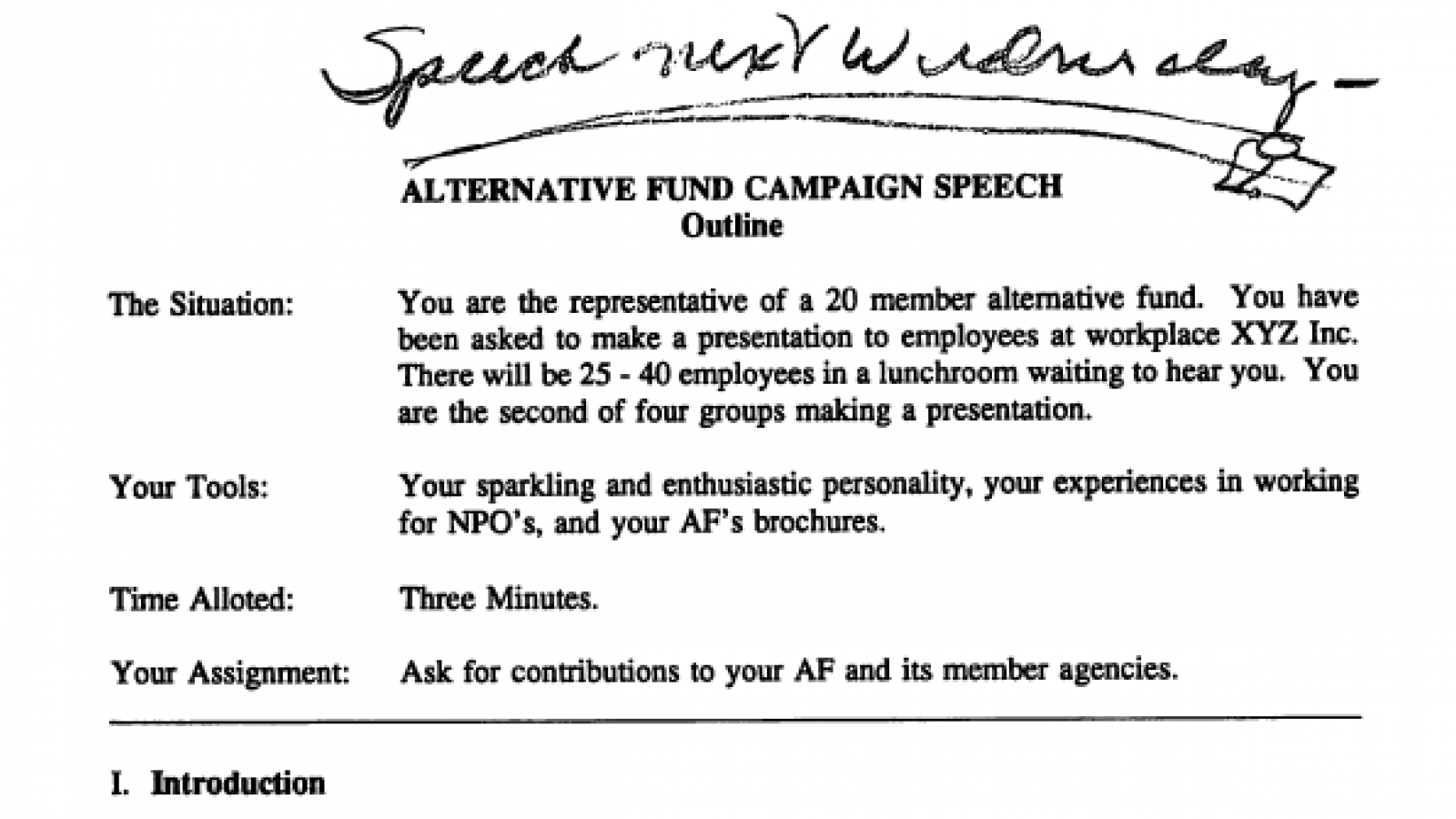Alternative Fund Campaign Speech Outline