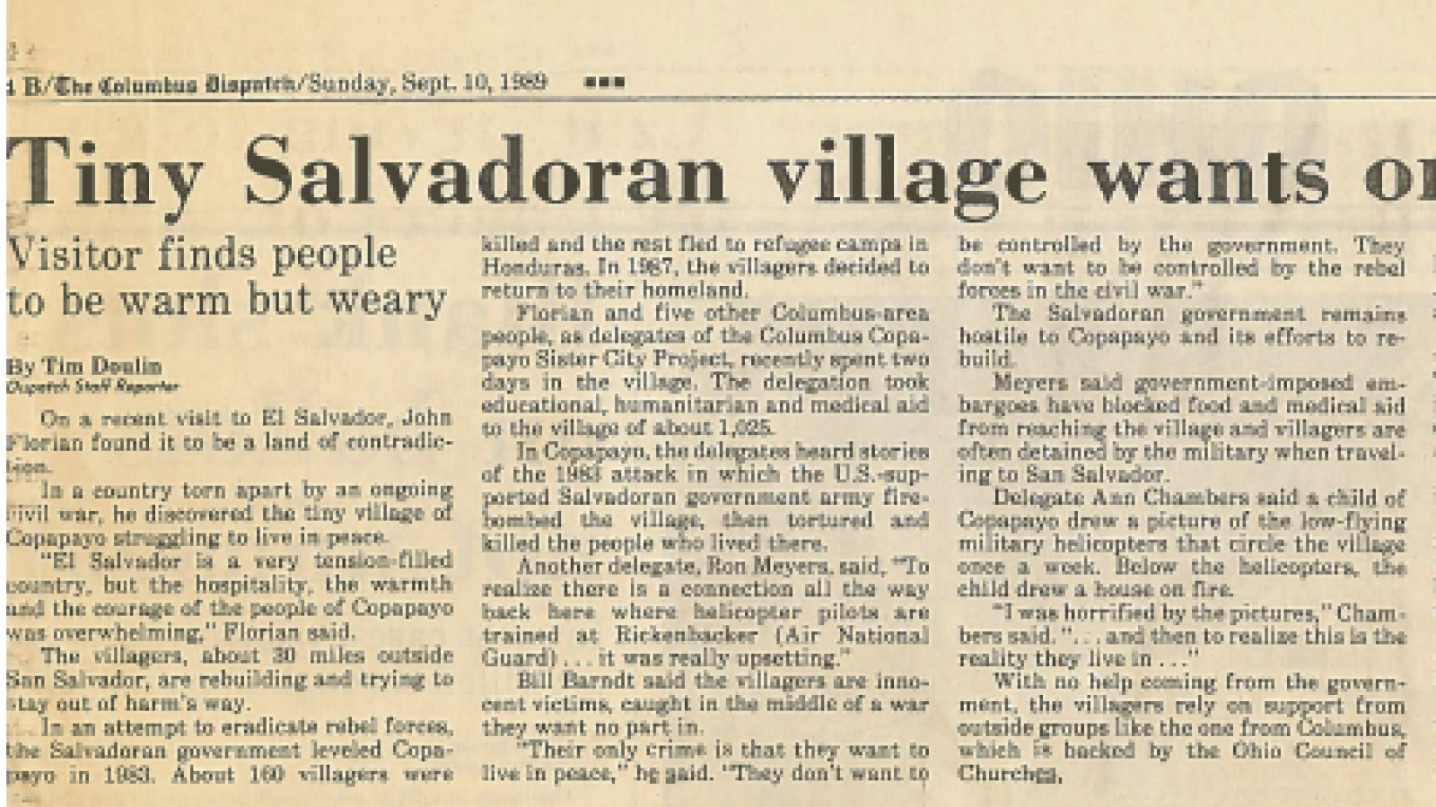 "Tiny Salvadoran Village Wants Only Peace" Columbus Dispatch Sept. 10, 1989